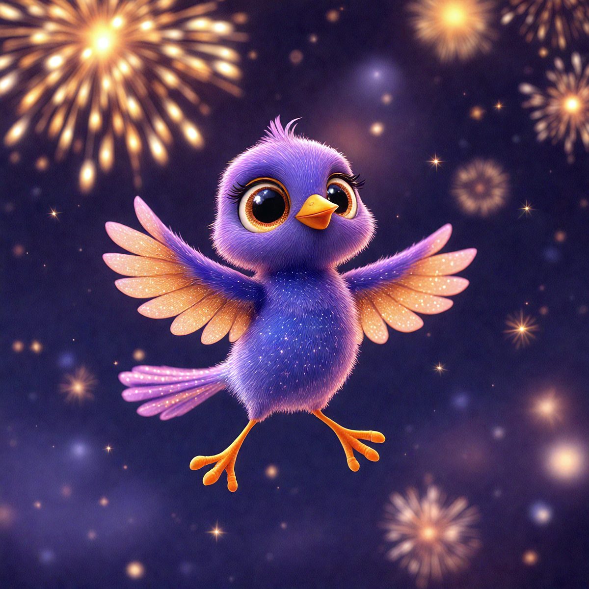 The primary subject of the image is a small, colorful bird with a purple body and blue wings. The bird is flying in the air, surrounded by a night sky filled with stars. The setting appears to be a dark, starry night, creating a serene and peaceful atmosphere. The visual style of the image is a combination of digital art and illustration, giving it a vibrant and lively appearance.